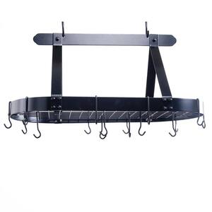 Matte Black Oval Hanging Pot Rack with Grid and 16-Hooks