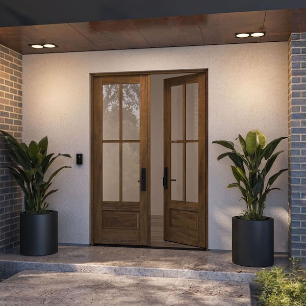 G7504 32 in. x 96 in. Right Inswing Mahogany Wood 4-Lite Clear Glass Double Front Door Kit with Quick Assemble Jamb