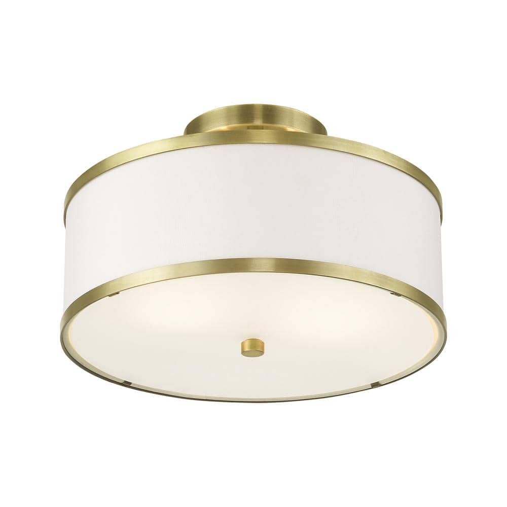 Antique Brass and Off-White Fabric Semi-Flush Mount Light