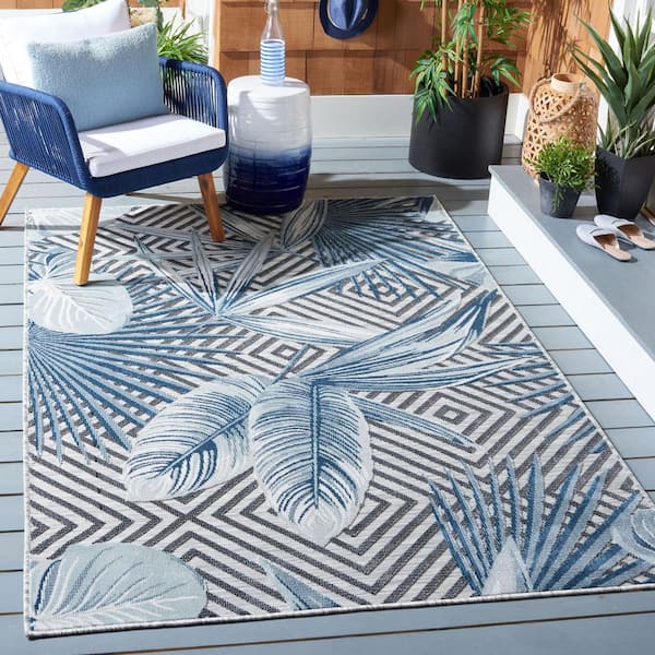 Cabana Ivory/Navy 6 ft. x 6 ft. High-Low Diamond Leaf Indoor/Outdoor Square Area Rug