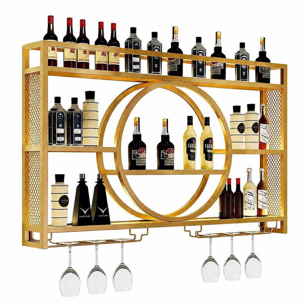 30-Bottle Gold Wall Mounted Wine Rack with LED Light, Bar Shelves and Glass Holder