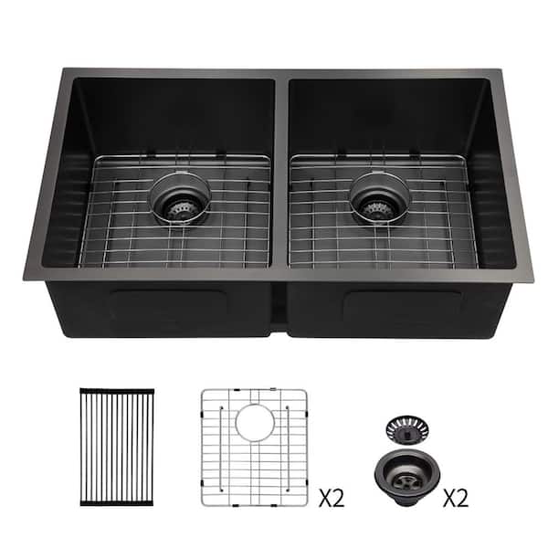 33 in. Undermount 50/50 Double Bowl 16-Gauge Gunmetal Black Stainless Steel Kitchen Sink with Bottom Grids, Drain Board