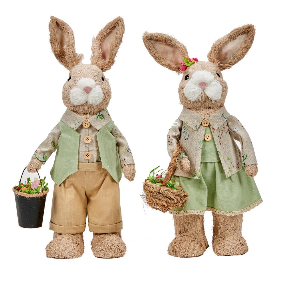 16 in. Easter Natural Fiber Bunny Couple Carrying Flowers (Set of 2 ...