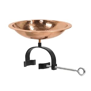15 in. L Round Polished Copper Plated Brass Hammered Birdbath with Rim and Wrought Iron Over Rail Bracket