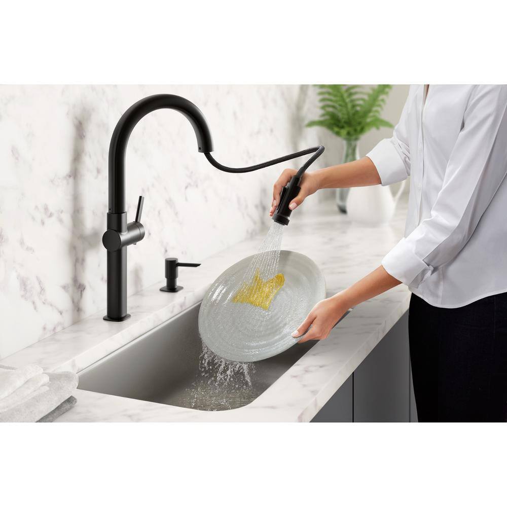 Matte Black Single Handle Pull-Down Kitchen Faucet with Soap Dispenser