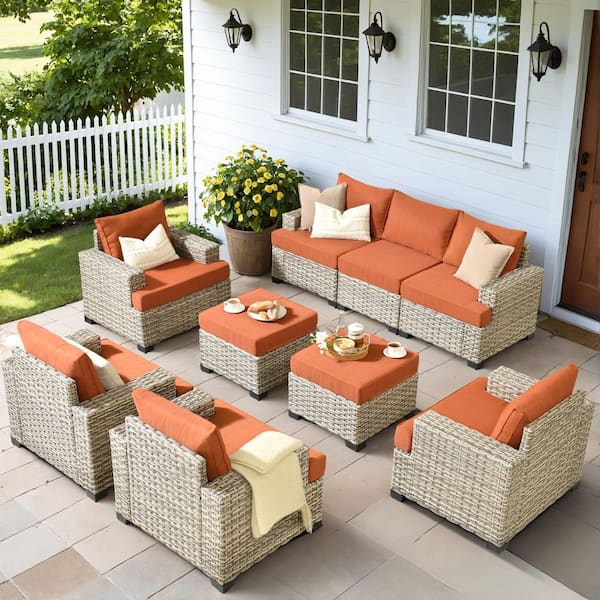 OVIOS Tiberte Gray 9-Piece Wicker Patio Conversation Seating Set with Orange Red Cushions