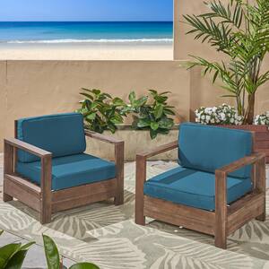 Devon Brushed Brown Wood Outdoor Lounge Chairs with Dark Teal Cushions (2-Pack)