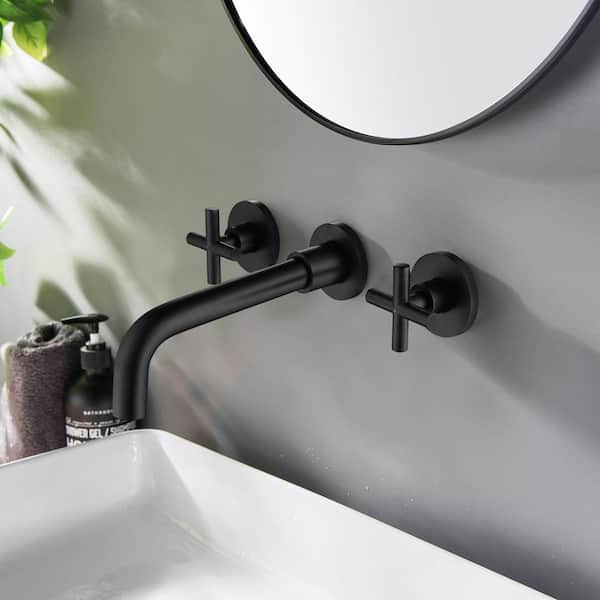 Spot Resistant 2-Handle Wall Mount Bathroom Sink Faucet with Drain in Matte Black