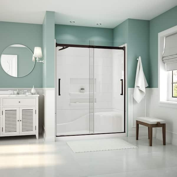 Aquatic Coronado Acrylx 60 in. x 30 in. Single Threshold Left Drain Shower Kit in White with Bench with Door in Dark Bronze