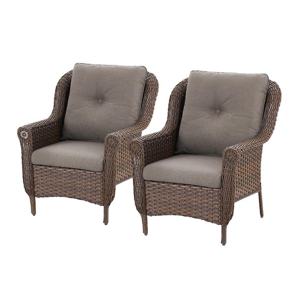 Chrysanthemum Armrest Series 2-Pack Outdoor Brown Wicker Outdoor Lounge Chair with CushionGuard Gray Cushions