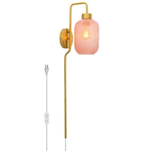 Harlow 8.625 in. Brushed Gold-Colored Wall Sconce with Pink Globe-Shaped Glass Shade