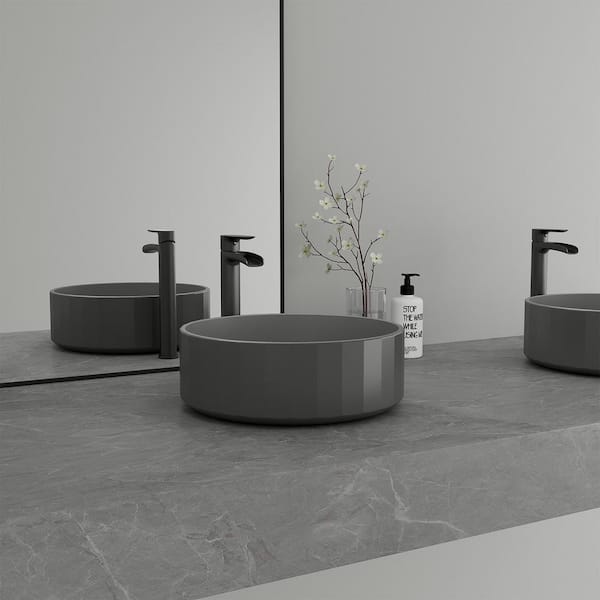 CASAINC Concrete Stripes Design Round Bathroom Vessel Sink Art Basin in Black Earth with The Same Color Drainer
