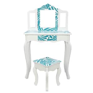 3-Fold Mirror Single-Drawer Blue Zebra Grain Children Vanity Table Sets 2-of Pieces