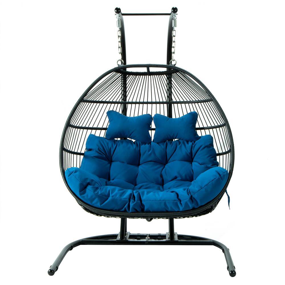 Blue Wicker Double Hanging Egg Chair with Cushions