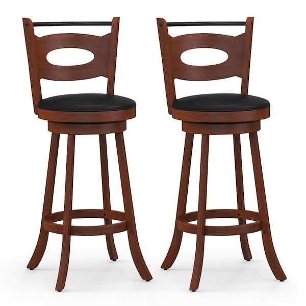 Costway Bar Stools 360-Degree Swivel Dining Chairs Solid Rubber Wood Leather Padded (Set of 2)