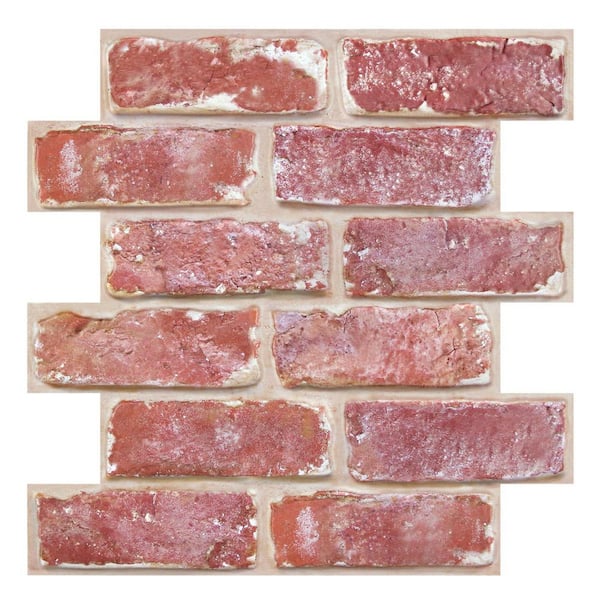 12 in. x 12 in. x 0.1 in. 3D PVC Faux Brick Wall Panel Peel and Stick Brick Tiles for Home Decor, Whitewash Red