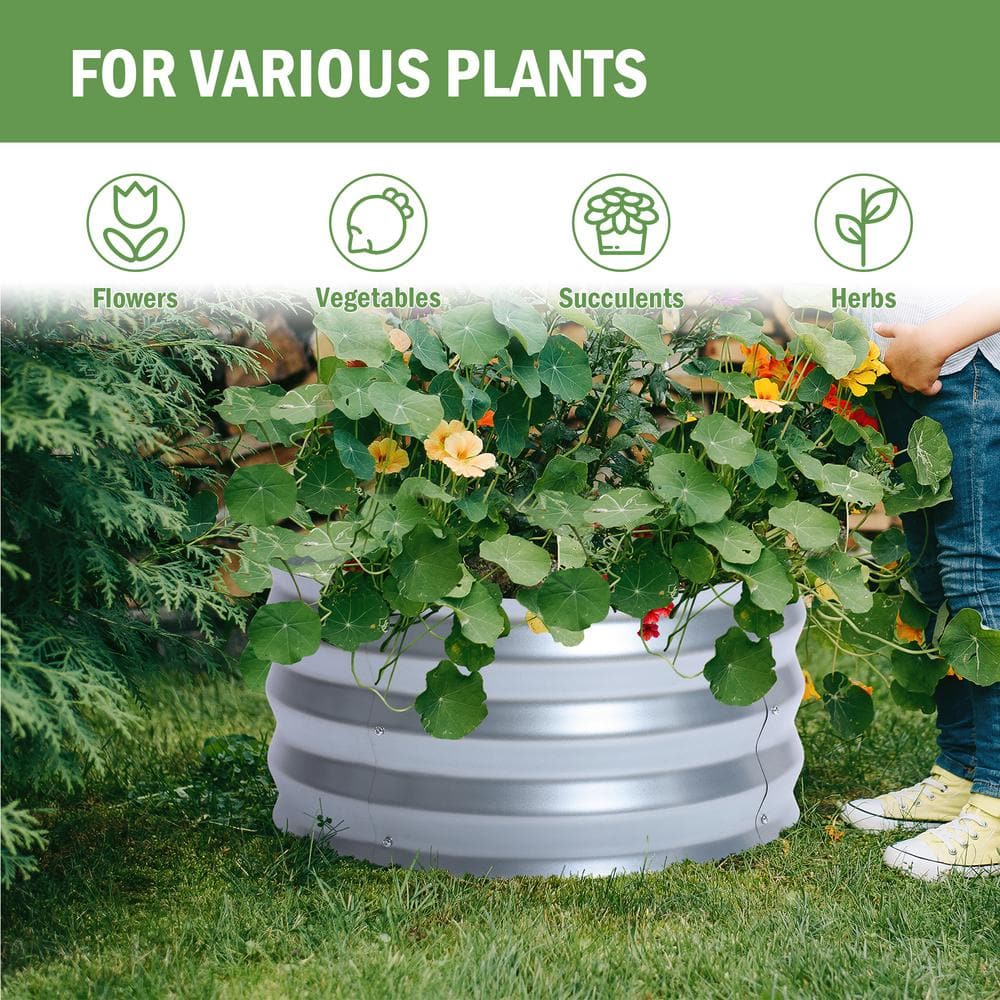 24.25" Silver Galvanized Metal Round Raised Garden Bed Planter