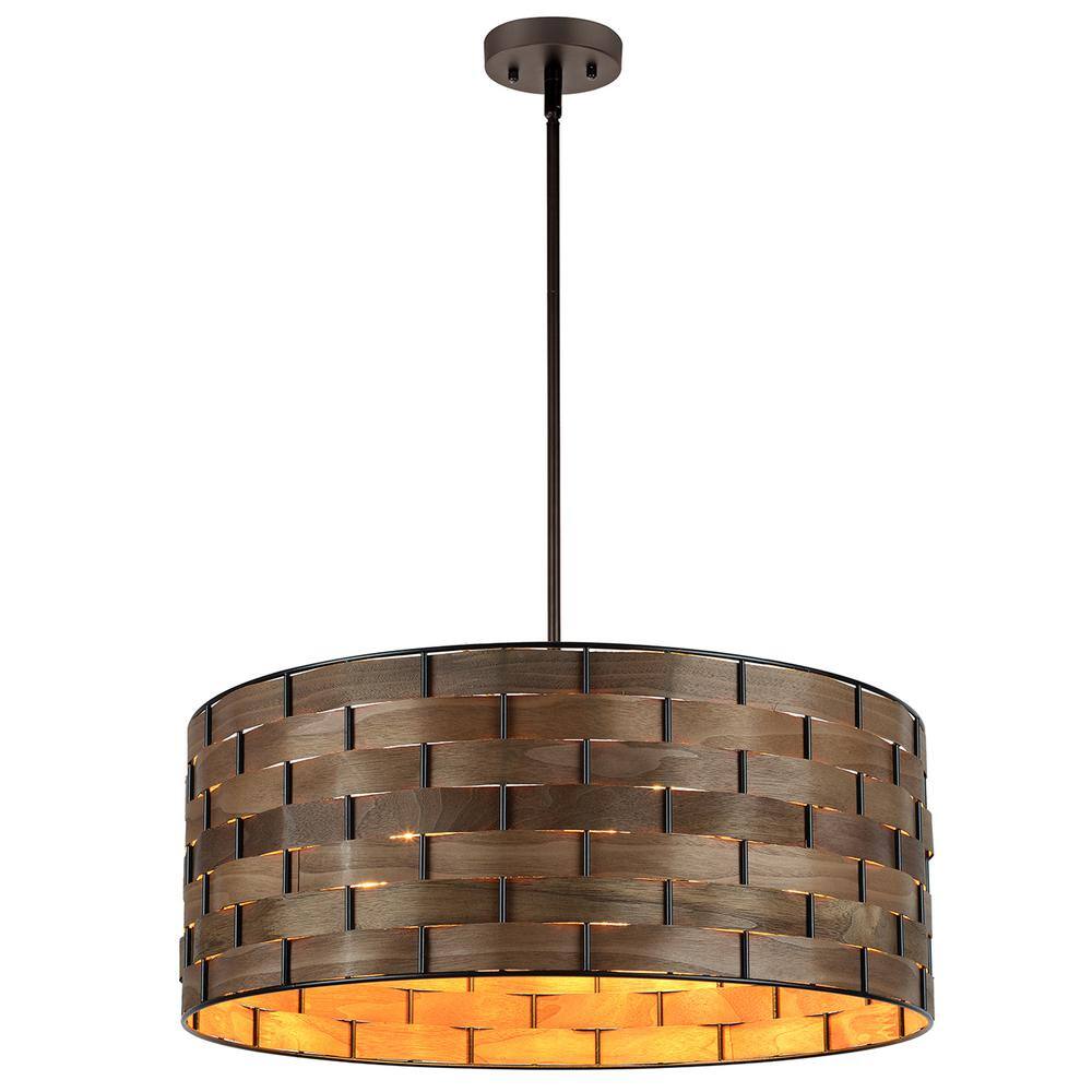 Walnut Wood Veneer Drum Pendant Chandelier with Black Metal Frame