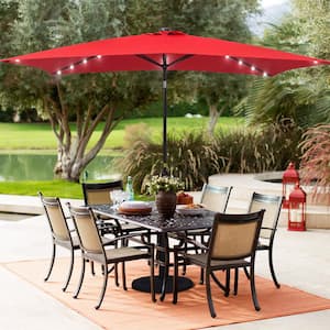 10 ft. x 6.5 ft. Rectangle Solar LED Outdoor Patio Market Table Umbrella with Push Button Tilt and Crank in Red