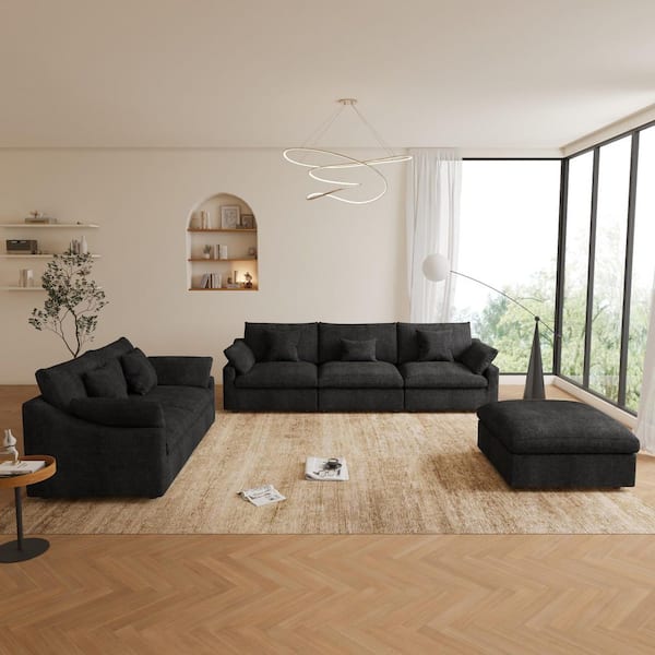 196 in. W Square Arm Linen Upholstered Rectangle 5-Seater Sectional Sofa with Ottoman in Black