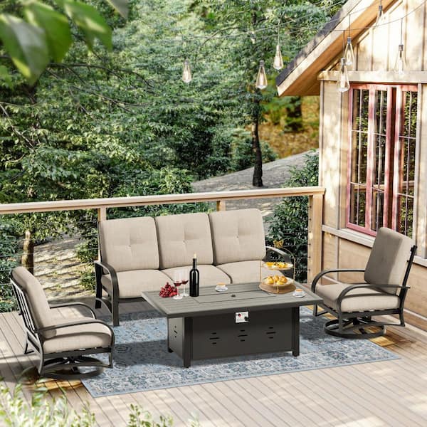4-Piece Aluminum Outdoor Conversation Set with Fire Pit Table, Swivel Lounge Chair