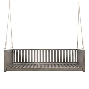 79.1 in. Gray Patio Minimalist Twin Size Garden Swing Bed Acacia Wood Porch Swing with Ropes