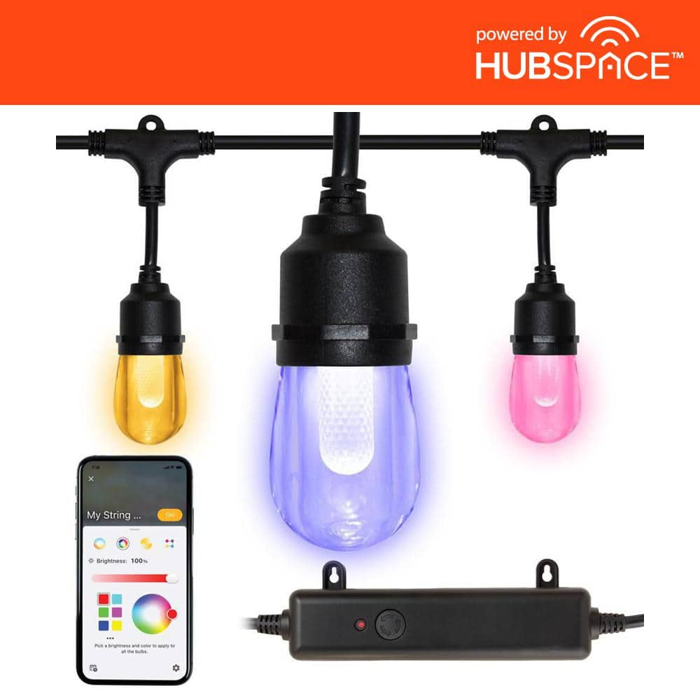 Hampton Bay 24-Light 48 ft. Outdoor Plug-In Integrated LED Black Edison Bulb RGBW Color Changing String Light Powered by Hubspace