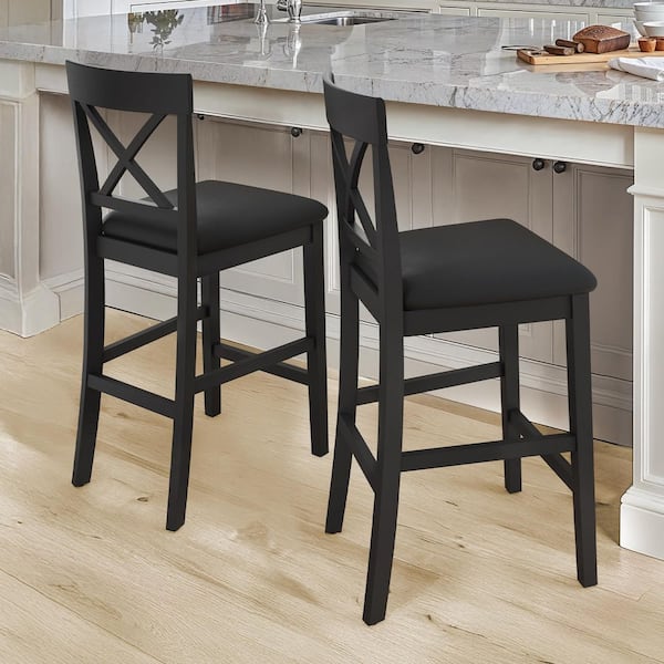 26 in. Black Upholstered Barstool X-Shaped Backrest Solid Wood Counter Height Bar Stool (Set of 2)