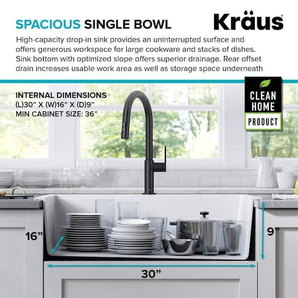 KRAUS Bellucci 33-inch Granite Quartz Composite Farmhouse Flat Apron Front  Single Bowl Kitchen Sink with CeramTek in White 