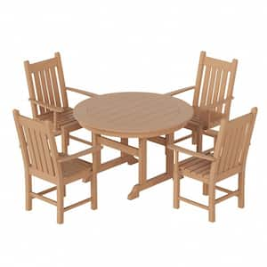 Hayes 5-Piece HDPE Plastic All Weather Outdoor Patio Round Trestle Table Dining Set with Arm Chairs in Teak