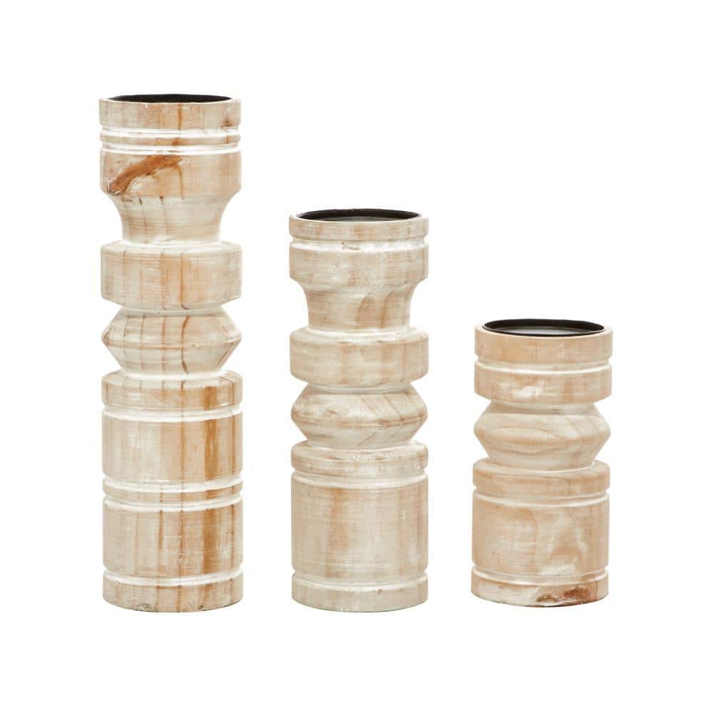 Brown Wood Pillar Candle Holder Set with White Wash Finish