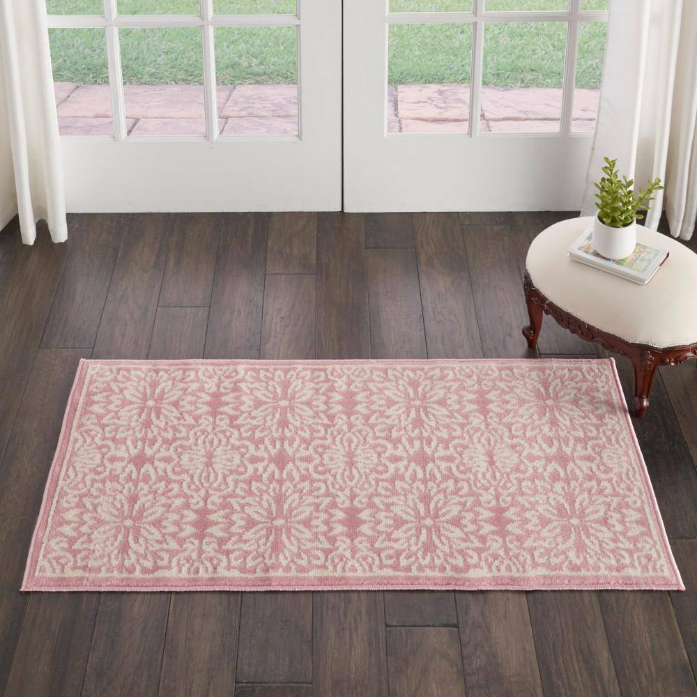 Hand-Knotted Ivory/Pink Floral Synthetic Easy-Care Rug 2' x 4'
