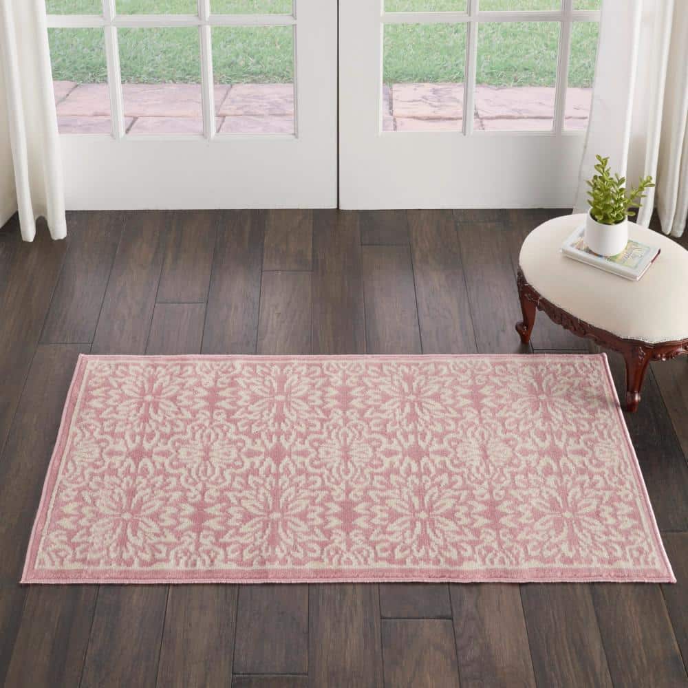 Hand-Knotted Ivory/Pink Floral Synthetic Easy-Care Rug 2' x 4'