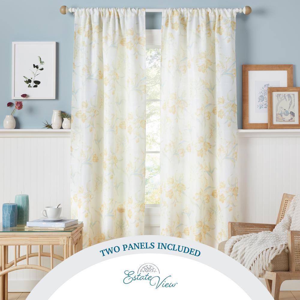 Yellow Floral Light Filtering Polyester Rod Pocket Curtain Panel Pair