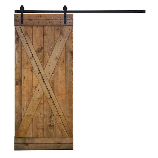 AIOPOP HOME Modern X Style Series 42 in. x 84 in. Briar smoke Brown stained Knotty Pine Wood DIY Sliding Barn Door with Hardware Kit