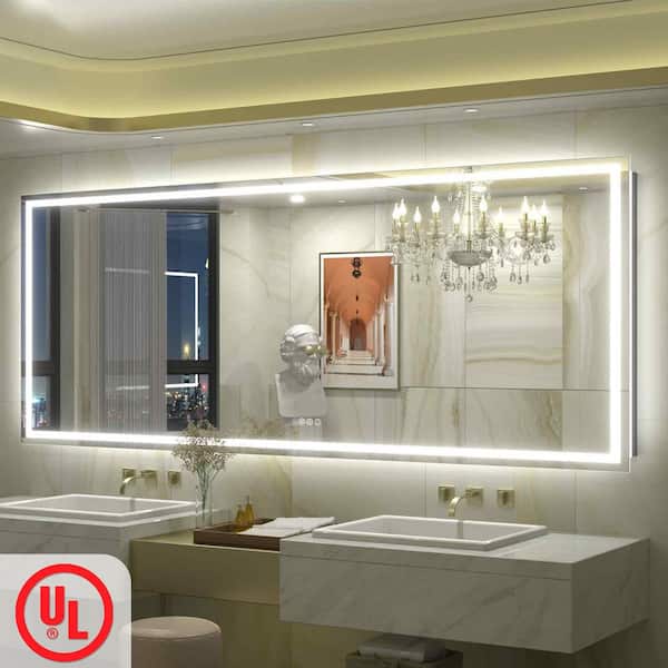 84 in. W x 32 in. H Rectangular Frameless Front & Back LED Lighted Anti-Fog Tempered Glass Wall Bathroom Vanity Mirror