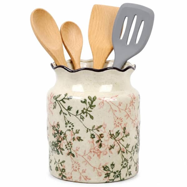 Blush Vine Ceramic Utensil Holder with Vintage Floral Farmhouse Décor for Kitchen Counter