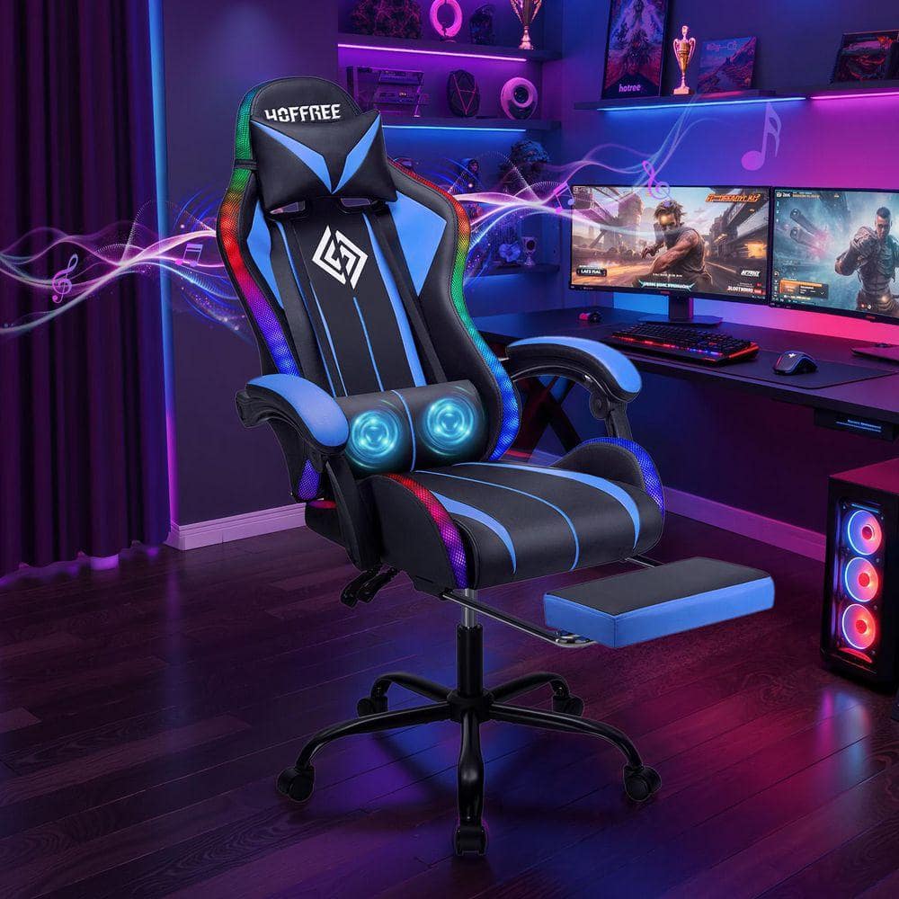 LED Faux Leather Massage Gaming Chair with Bluetooth Speakers in Black and Blue with Footrest Headrest Lumbar Support
