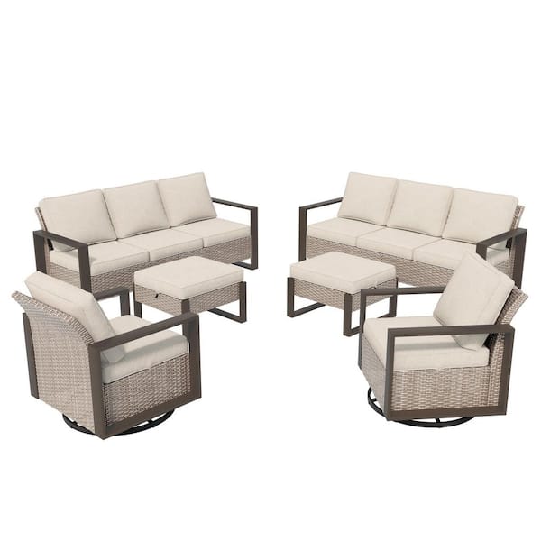 Wicker 8 Seat 6-Piece Steel Outdoor Patio Conversation Set with Beige Cushions