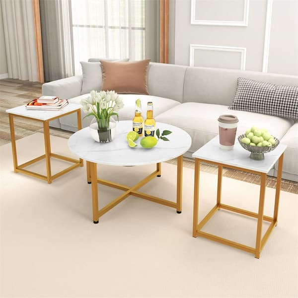Costway 31.5 in. White Round Wood Coffee Table with 2-Piece End Tables