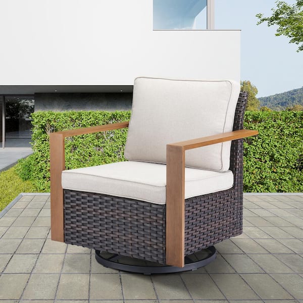 Brown Swivel Glider Wicker Outdoor Rocking Chair with Beige Cushions and Square Metal Armrest (2-Pack)