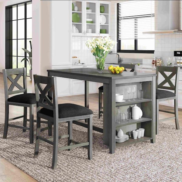 5-Piece Farmhouse Gray Wood Top Bar Table Set Seats 4