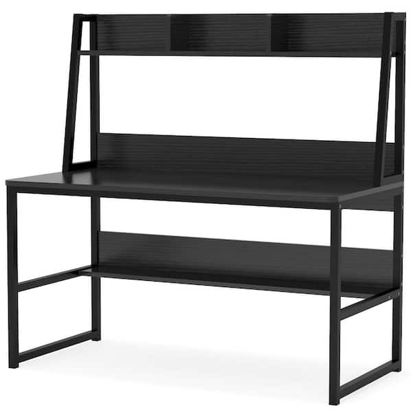 TRIBESIGNS WAY TO ORIGIN Sally 55 in. Rectangular Black Metal and Black Particle Wood Board Top Computer Desk with Monitor Stand Hutch Bookshelf