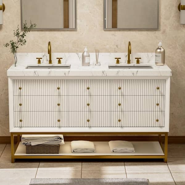 Solidoak 60 in. W x 22 in. D x 35.4 in. H 2-Sink Bath Vanity in White with White Engineered Marble Top
