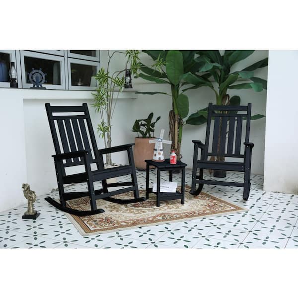 Phewnyzo 3-Piece All-Weather Rocking Chair Set with Side Table, Ergonomic Backrest & Widened Armrests & Contoured Seat in Black