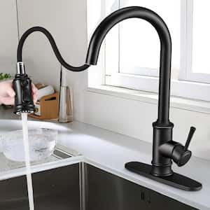 Single Handle Pull Down Sprayer Kitchen Faucet with Deckplate Included in Matte Black