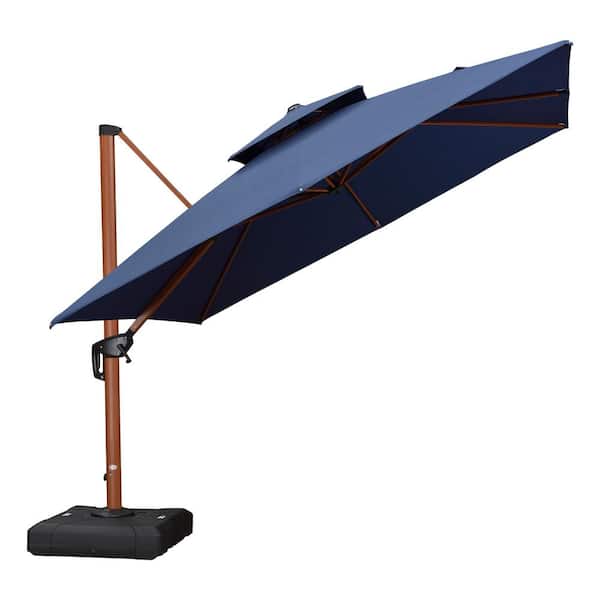 PURPLE LEAF 10 ft. Sunbrella Aluminum Square 360° Rotation Wood Pattern Cantilever Patio Umbrella With Base Plate, Navy Blue
