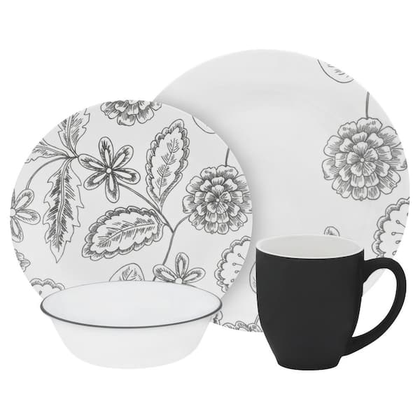 Corelle Studio 16-Piece Patterned Gray/Black Flowers Glass Dinnerware Set (Service for 4)