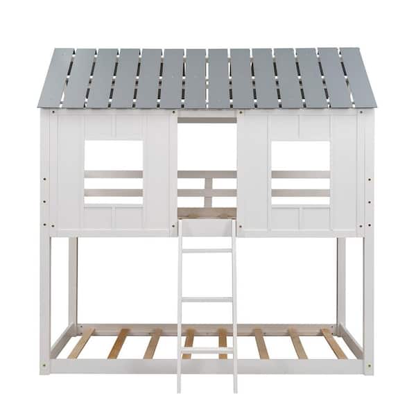 Utopia 4niture Seve White Twin over Twin Size Low Bunk Beds with Roof and Fence-shaped Guardrail