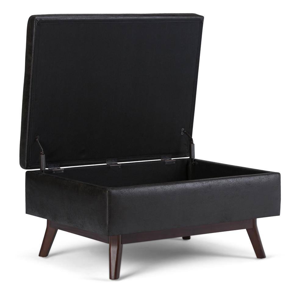 Mid-Century Modern Distressed Black Wood Rectangular Storage Ottoman